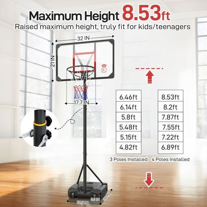 Basketball Hoop - NECHE - Adjustable Height 147-260CM - Indoor/Outdoor Use - Unisex