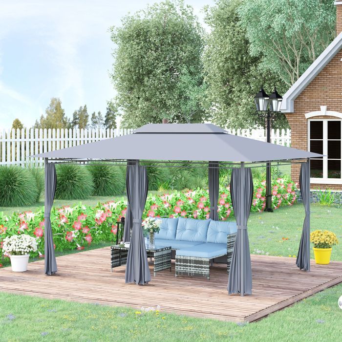 Tuinpaviljoen - Outsunny - paviljoen in koloniale stijl met dubbel dak en zijpanelen - staal - 3x4x2,8m - grijs