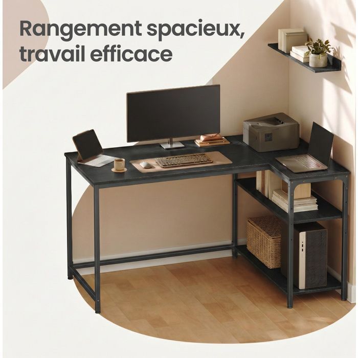 L-shaped desk, adjustable shelves with storage, 120 x 80 cm, black