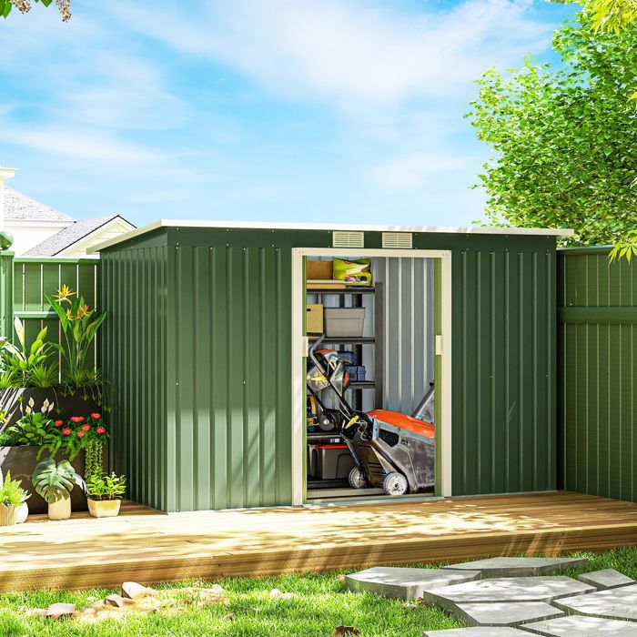 Abri de Jardin 3,6 m² Outsunny Remise à Outils avec kit de fondation en Acier galvanisé avec Portes coulissantes Vert clair