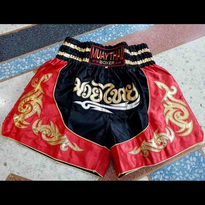 Traditional Thai Boxing, Kickboxing, Muay Thai, and MMA Shorts | Black and Red | Children's and Adult Sizes | Thailand