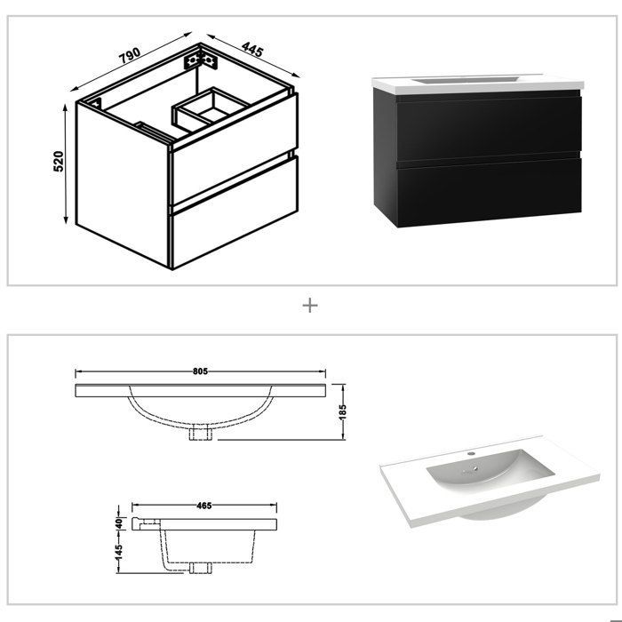Mueble de baño AICA de 80 cm en negro brillante con 2 cajones de cierre suave y lavabo individual de cerámica.