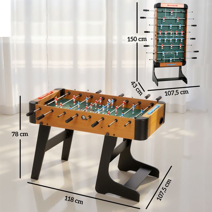 Mesa de futbolín plegable de madera con soporte, 2 pelotas, 22 jugadores, 118 x 107,5 x 78 cm, marrón.