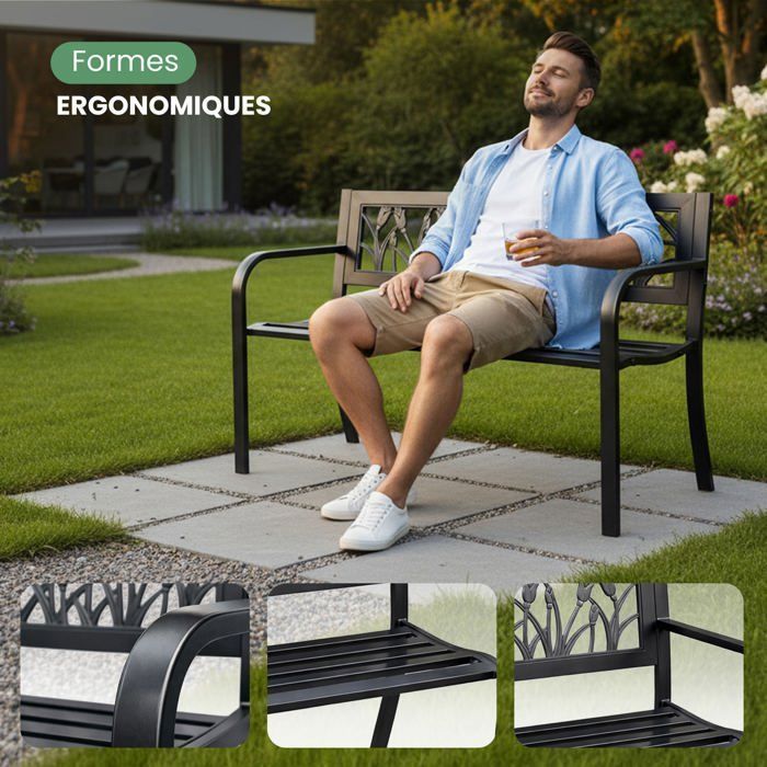 Banco de jardim LISSA preto com pés de aço, 124 cm de largura