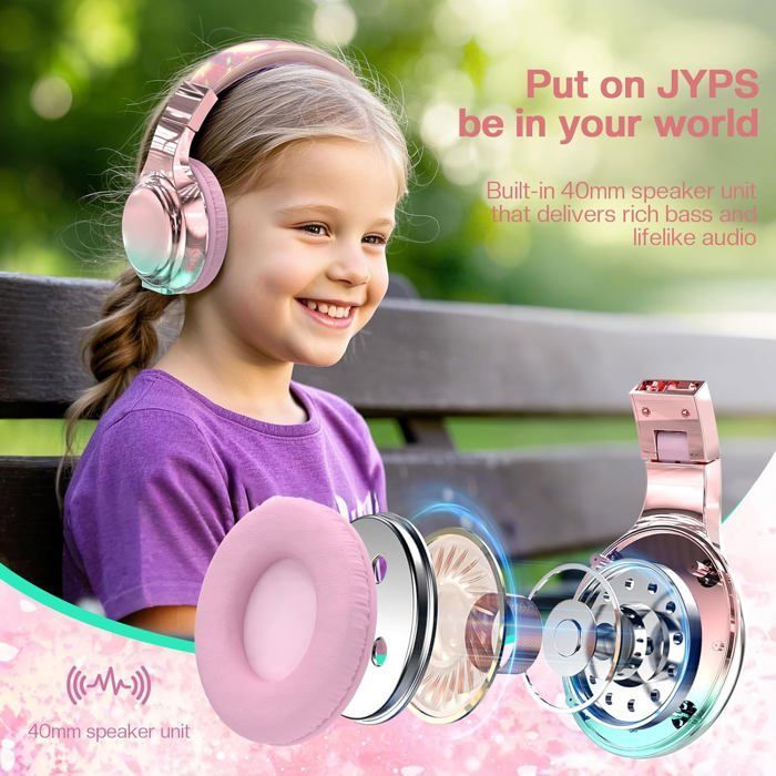 Auriculares inalámbricos infantiles, metálicos, Bluetooth 5.3, con micrófono, plegables, para niñas, niños y adolescentes, compatibles con iPad, PC y tablet, color rosa.