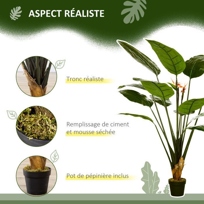 Planta artificial - HOMCOM - Strelitzia ave del paraíso, 13 hojas, 2 flores, diseño realista, maceta incluida - plástico - 1,80 m