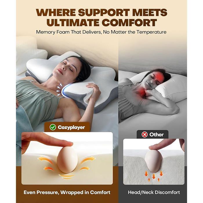 Almohada cervical ergonómica, almohada de espuma viscoelástica, almohada ortopédica, gris.