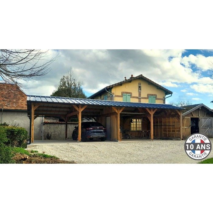 Tettoia per auto in abete di Douglas francese, 74 m² – 2 falde con colmo sfalsato – 10 pali – Riparo per auto da esterno – Garanzia di 10 anni