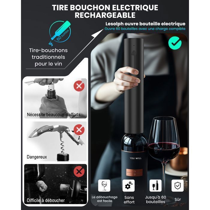 Tire bouchon electrique rechargeable - ouvre bouteille electrique coupe-fil et câble de chargement USB - pour la maison, les fêtes