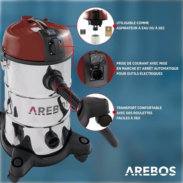 AREBOS Aspirateur Industriel | Aspirateur Eau et Poussière | Aspirateur Sec et Humide | 5en1 | 1300W | 30L | Acier Inoxydable