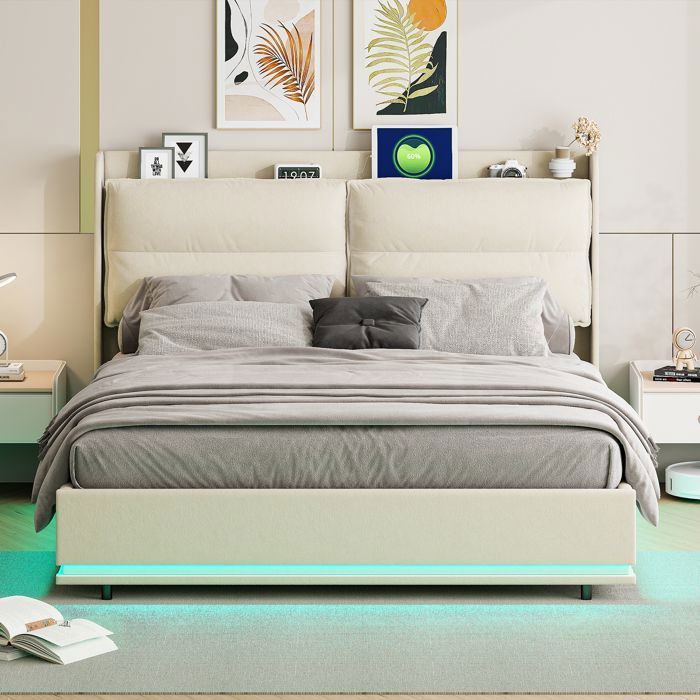 Lit coffre 140x190 - SUNFECILI - Velours beige - LED réglable - Chargement USB - Dossier amovible