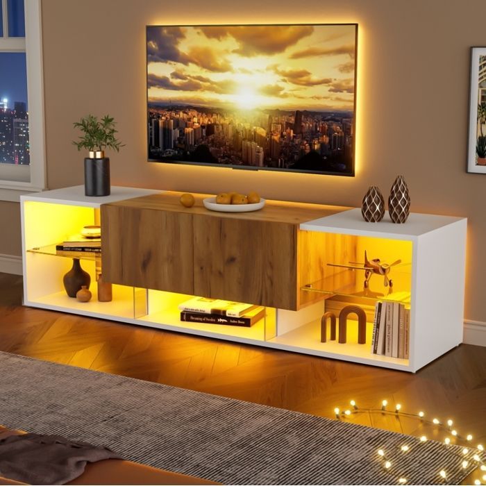 Meuble TV - TANANT - Moderne - Éclairage LED - 5 étagères - 2 tiroirs - Blanc