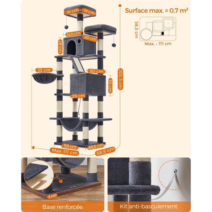 Arbre à Chat, Hauteur 203,5 cm, avec 13 Griffoirs, 2 Plate-forme, 2 Niches, Multi-niveaux pour Chat d'Intérieur, Gris Anthracite