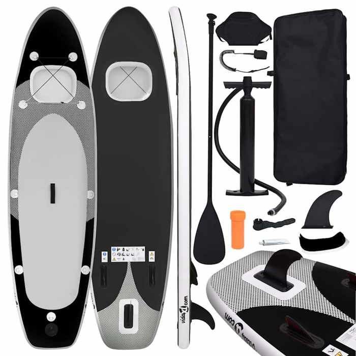 vidaXL Juego de tabla de SUP inflable, tabla de remo, tabla de surf, kit de reparación para exteriores, negro 93384