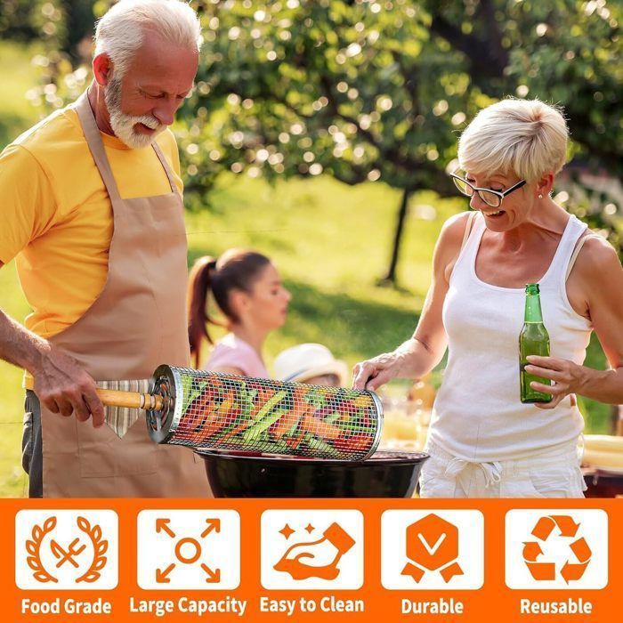 Accesorios para barbacoa - Juego de 2 cestas para barbacoa con asas de madera extraíbles, cestas cilíndricas para asar.