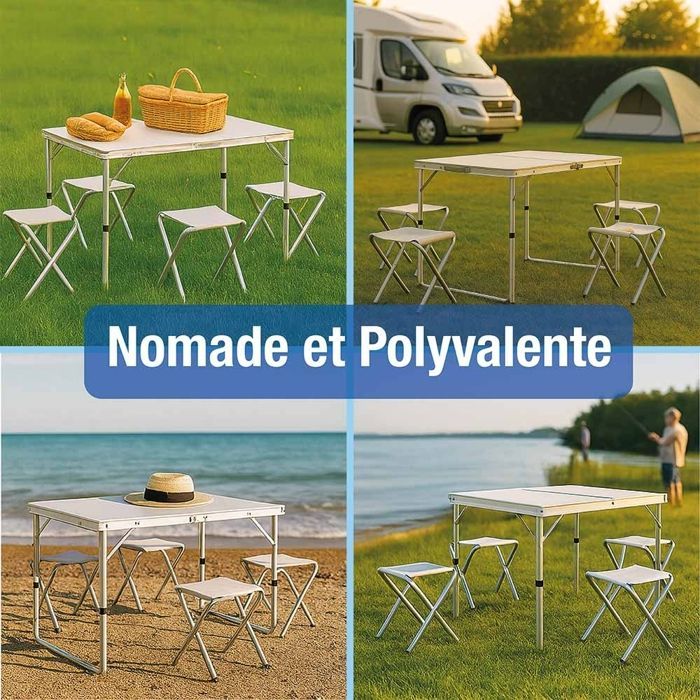 Table de Camping Pliante avec 4 Tabourets, 120 x 60 cm, Hauteur Réglable 54/61/70 cm, Plateau MDF Blanc, Structure Aluminium