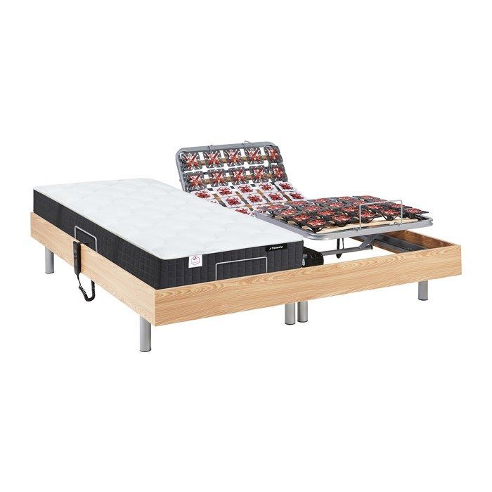 Cama eléctrica de relajación con base de láminas + colchón de muelles ensacados y espuma viscoelástica - 2 x 90 x 200 cm - Roble - PHANES by YSMÉE