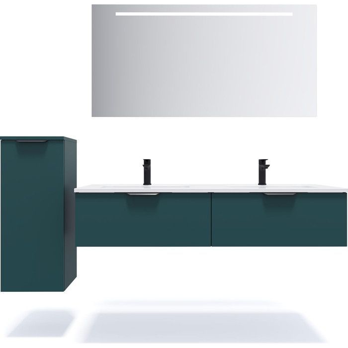 Ensemble salle de bain double vasque 140cm 2 tiroirs Bleu + miroir + colonne gauche - Soho