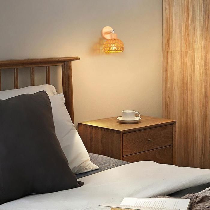 IDEGU 2pcs Lampe Murale Intérieure Rétro Applique Murale en Rotin et Bois Ajustable Luminaire Plafonnier Style-D Rotin Brun,Ø15cm