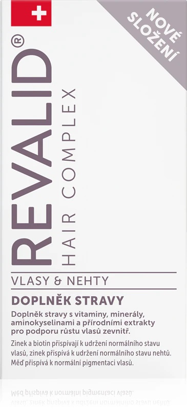 „Revalid Hair Complex“ plaukų ir nagų maisto papildų kapsulės plaukų augimui ir nagų kokybei palaikyti.