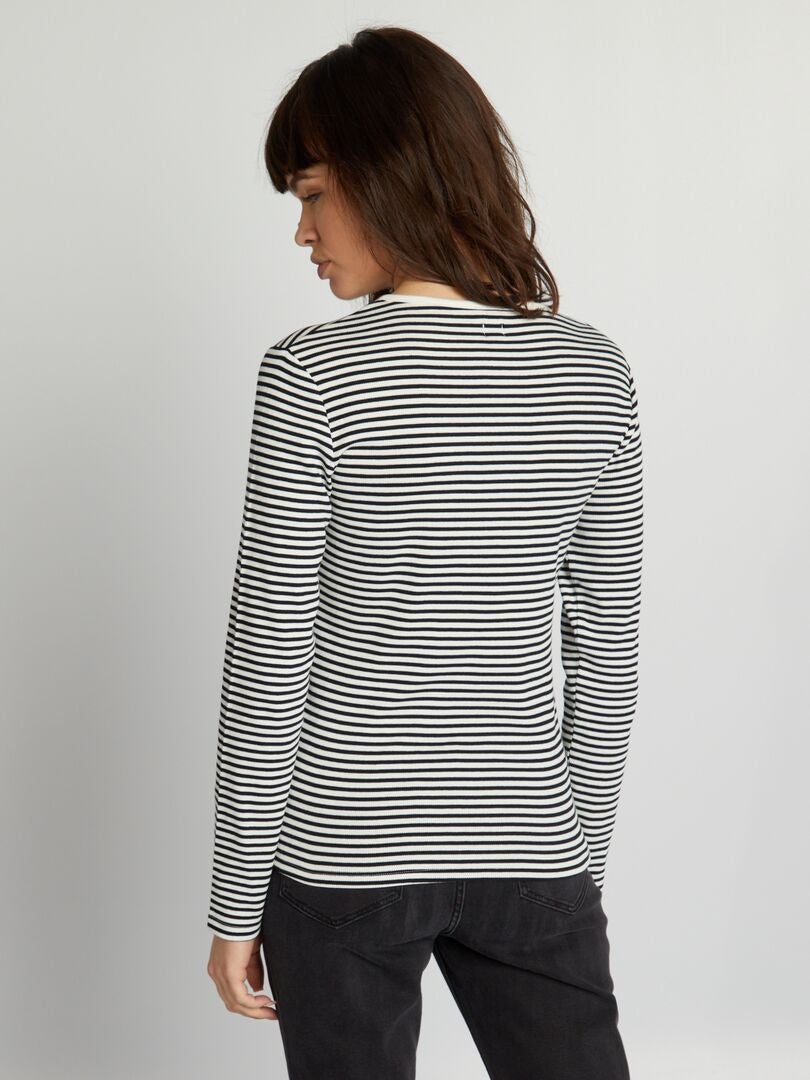 Camiseta de rayas con cuello abotonado - BLANCA