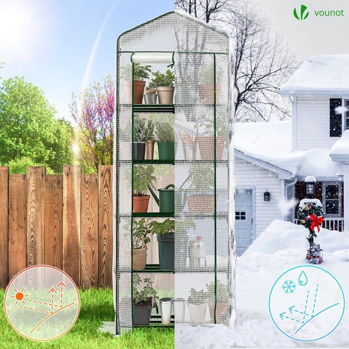 Invernadero de jardín VOUNOT® con 5 estantes - 69x49x193cm Blanco - Cubierta reforzada - Puerta enrollable con cremallera