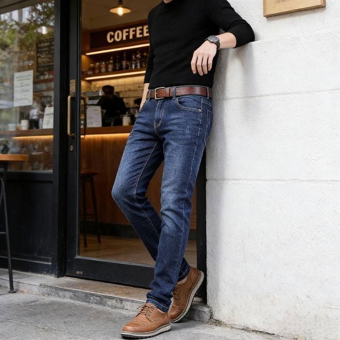 Men's Washed Denim Pants, Fashionable Men's Slim Fit Baggy Jeans, Size 48, Light Blue