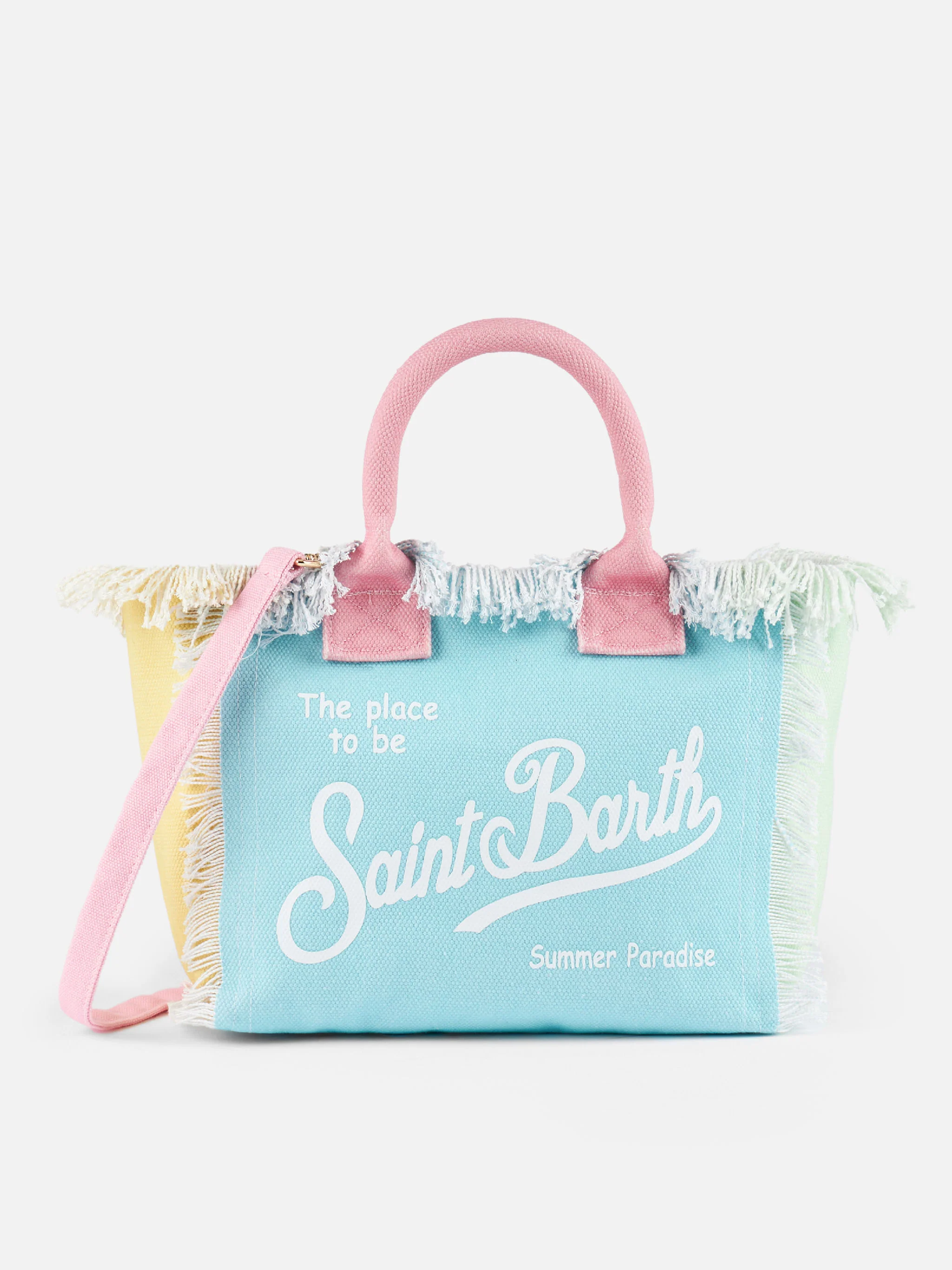 Colette Cotton Canvas Fringed Handbag - Multicolor Patch with Saint Barth Pink Logo & Zip Pocket | MC2 Saint Barth