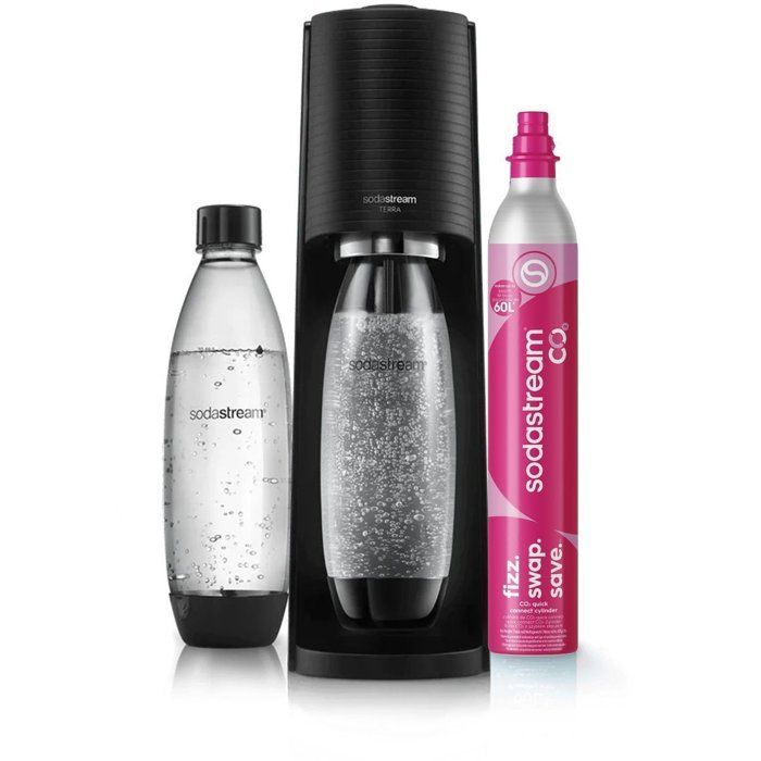 Machine à soda et eau pétillante SODASTREAM - TERRA Noire - 2 bouteilles compatible lave-vaisselle - 1 recharge de gaz 60L