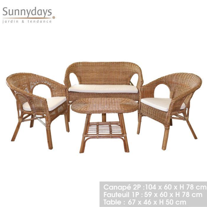 Garden furniture set - SUNNYDAYS - Rattan - 2 armchairs and 1 sofa - Beige - 4 people