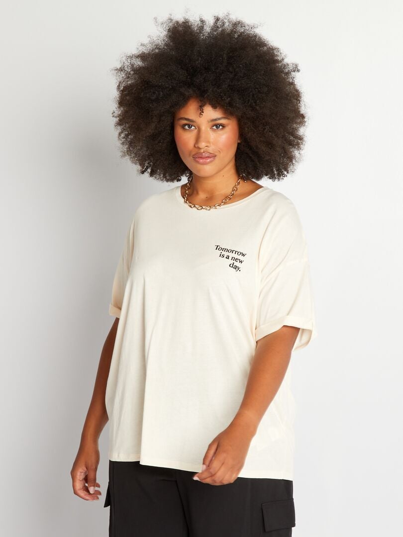 T-shirt met geborduurd opschrift - BEIGE