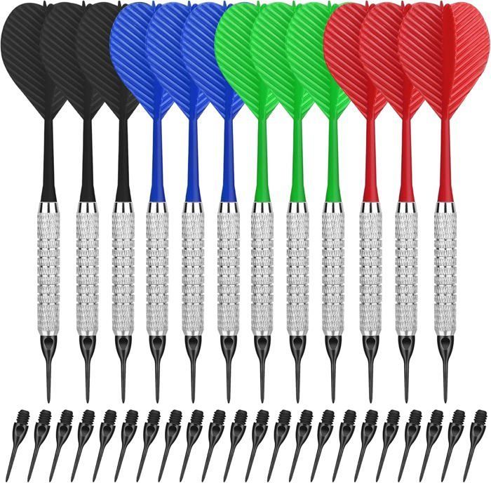 Set of 12 soft-tip darts with plastic tips and 100 plastic tips for electronic dartboards