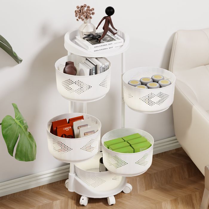 Carrito de almacenamiento de cocina de 5 niveles con ruedas giratorias de 360 grados y cesta giratoria para cocina y baño, blanco, 37x37x88cm