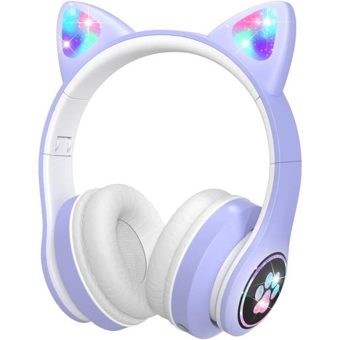Cuffie Bluetooth per bambini, cuffie Bluetooth pieghevoli per bambini con luci LED e orecchie da gatto, cuffie wireless, viola
