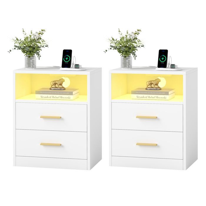 Lot de 2 Tables d’Appoint Modernes avec Tiroirs, Lumières LED, Multiprises et Ports USB, pour Chambre, Blanc