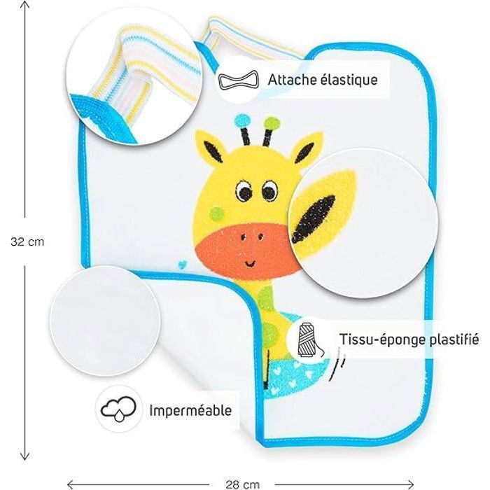 TI-TIN | Pack de 4 Bavoirs de Garderie en Éponge Imperméable | Lot de 4 Bavoirs avec Fermeture en Caoutchouc | Animaux | 12 mois