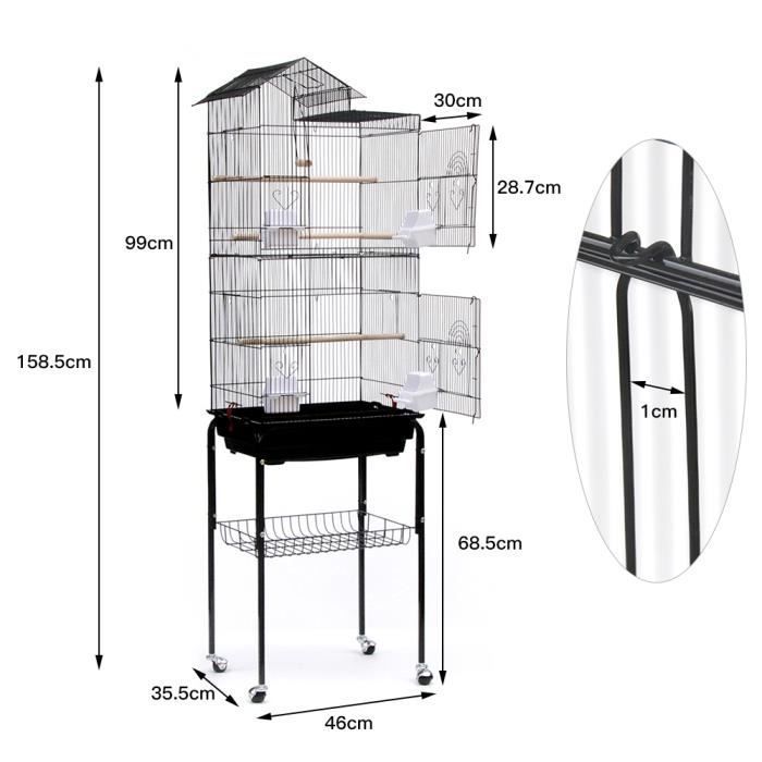 MIXMEST° BLACK, Grote volière op wielen voor vogels, geschikt voor kanaries, papegaaien, grasparkieten en andere vogels, inclusief 4 voerbakjes.