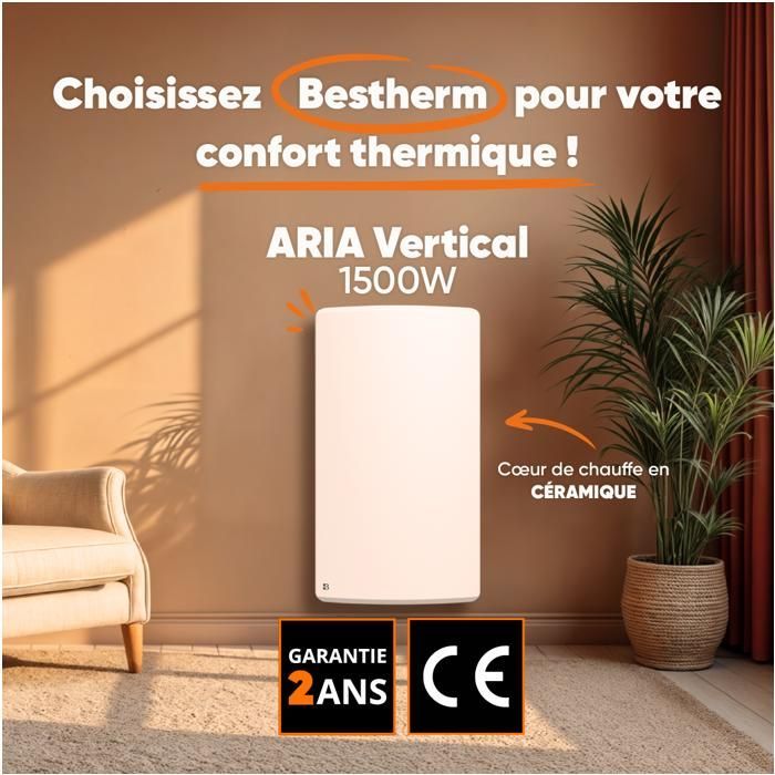 Radiador eléctrico fijo de inercia seca cerámica BESTHERM ARIA de 1500 W - Vertical, blanco