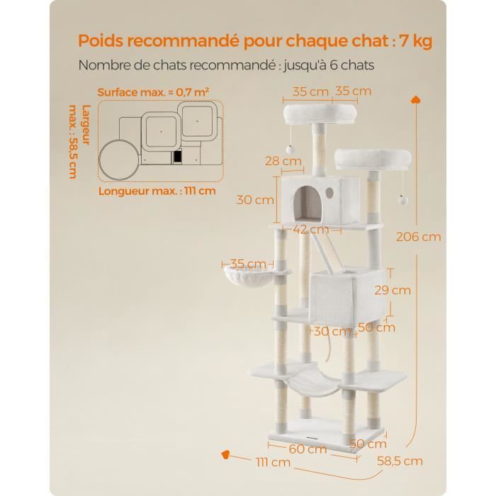 Árbol rascador para gatos, 206 cm de altura, con 13 postes rascadores, 2 plataformas, 2 cuevas, cesta, hamaca, pompón, color blanco crema.