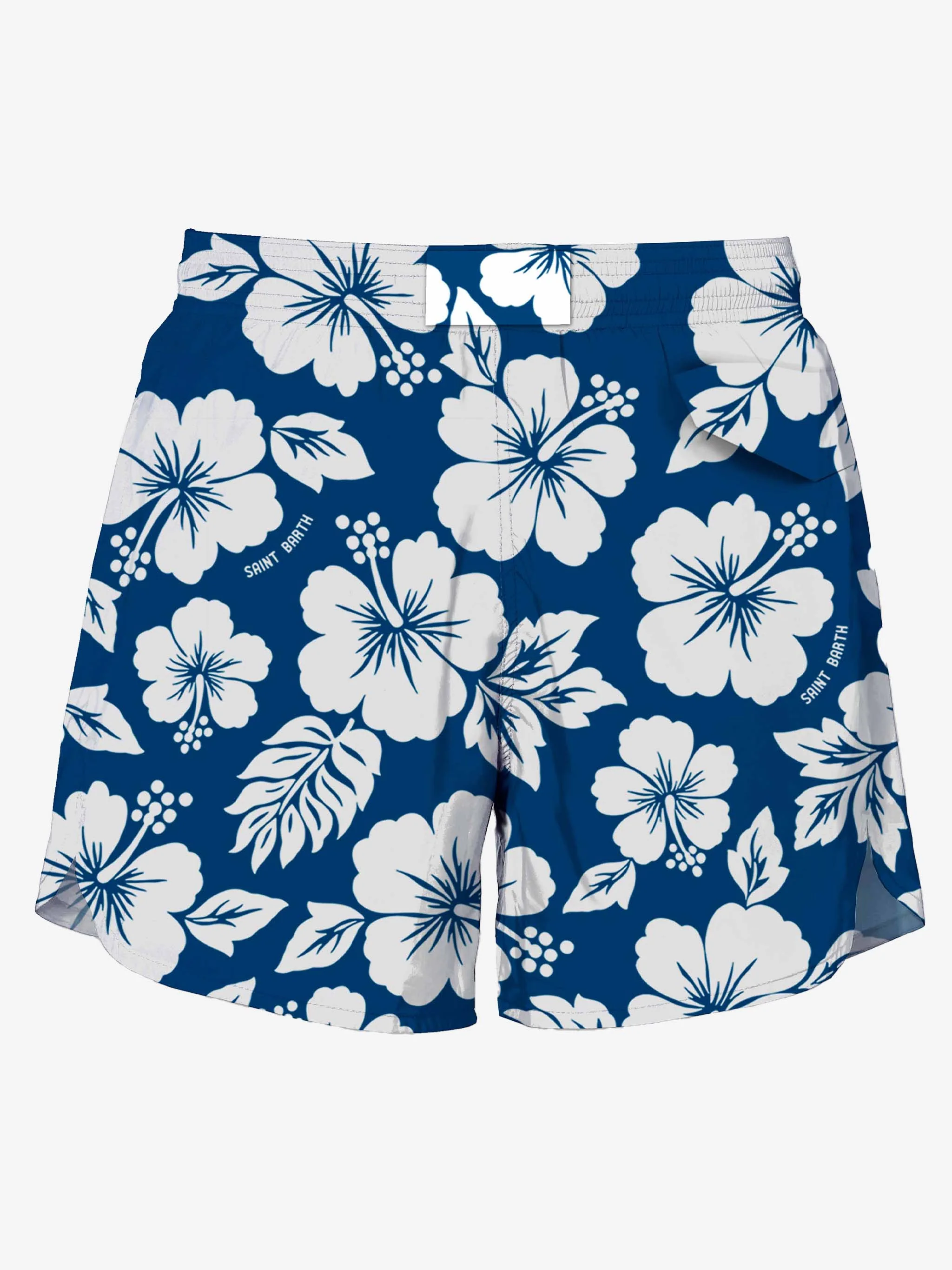 Middellange blauwe badpak met witte bloemenprint