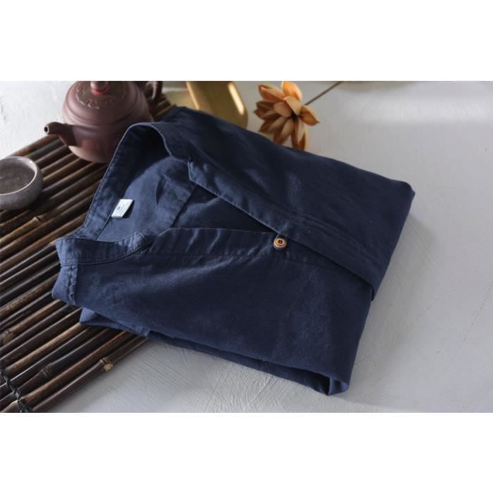 Camisa de lino para hombre con cuello mandarín y mangas cortas ajustadas - FUNMOON - Azul marino