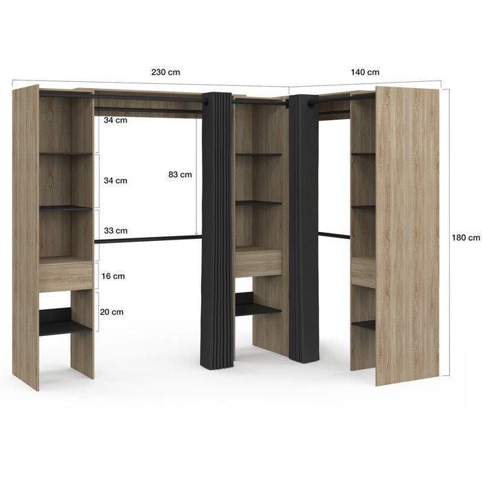 IDMARKET MARLON Uitschuifbare hoekkledingkast 230 x 140 x 180 cm Beuken met kledingstangen + planken + zwarte gordijnen