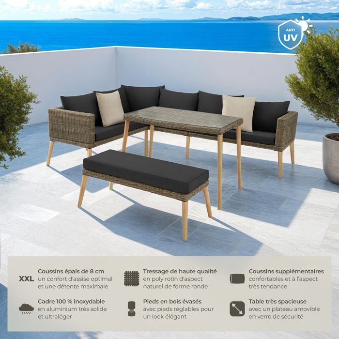 Gartenmöbel - TECTAKE - PULA Outdoor-Loungesofa mit Aluminiumrahmen und Glasplatte - Naturbraun