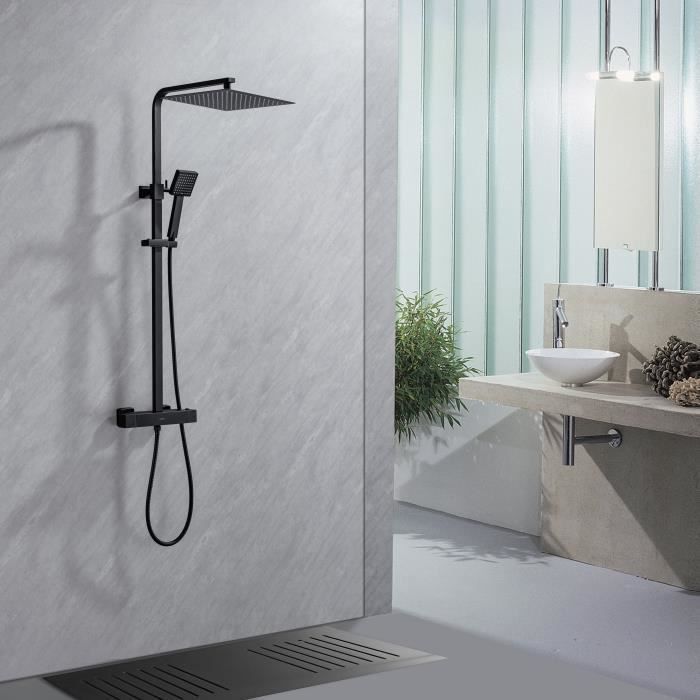 Columna de ducha OCEANIC - Mezclador termostático con cuerpo de tacto frío - Ducha de techo cuadrada de 30x30 cm - Negro mate