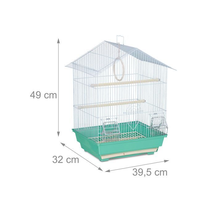 Relaxdays Cage à oiseaux, métal, pour de petits canaris, perchoirs & mangeoires, 49 x 39,5 x 32 cm, bleu clair/menthe