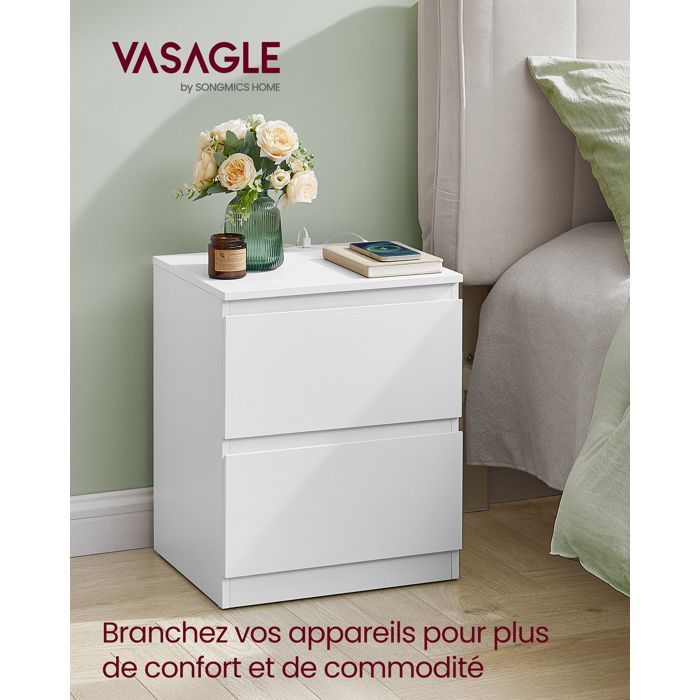 VASAGLE Lot de 2 Table de Chevet avec Multiprise, Table d'Appoint, 2 Tiroirs, 2 Prises CA, 2 Ports USB-A, Moderne, Blanc Nuage