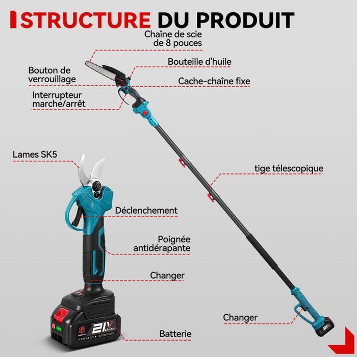 ONEVAN Tronçonneuse sur perche 8 pouces, Sécateur électrique sans fil, Perche télescopique 108-201 cm,  2X 3000mAh Batteries