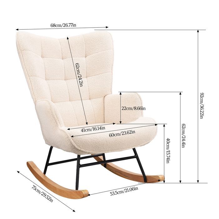 Mecedora con forro polar Sherpa, estructura de madera maciza y metal, mecedora con respaldo y asiento altos, color beige.