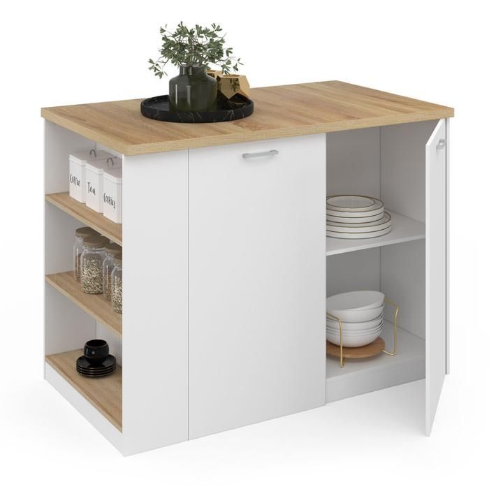 IDMARKET Ilot central TIBO 120 cm bois blanc avec plan de travail façon hêtre