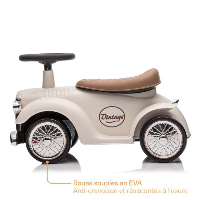 Macchinina elettrica retrò anni '30 per bambini - Giocattolo cavalcabile per neonati da 1 a 3 anni - Bianca - Clacson e vano portaoggetti - Ausilio per camminare